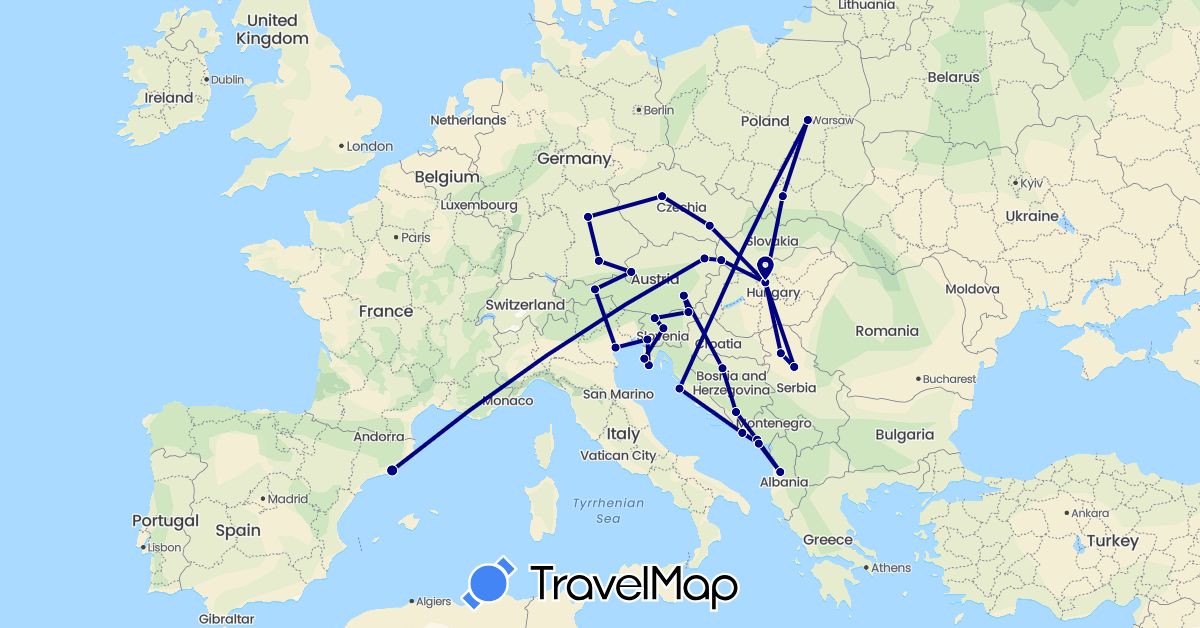 TravelMap itinerary: driving in Albania, Austria, Bosnia and Herzegovina, Czech Republic, Germany, Spain, Croatia, Hungary, Italy, Montenegro, Poland, Serbia, Slovenia, Slovakia (Europe)